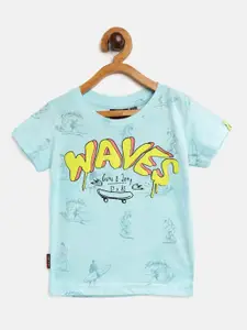 Gini and Jony Boys Blue & Yellow Typography Printed T-shirt