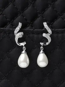 Clara Silver-Toned & White Rhodium Plated Contemporary Drop Earrings