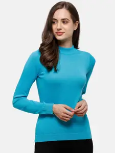 98 Degree North Women Blue Solid Pure Cotton Pullover Sweater