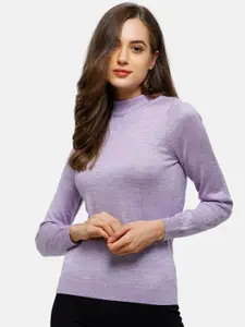 98 Degree North Women Purple Solid Pure Cotton Pullover Sweater