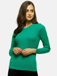 98 Degree North Women Green Self Design Pure Cotton Pullover Sweater