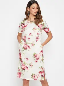 PURYS Off White & Green Floral Crepe A-Line Dress