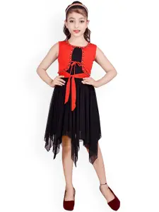 SKY HEIGHTS Girls Black & Orange Net Fit & Flare Dress With Tie Ups Detailing