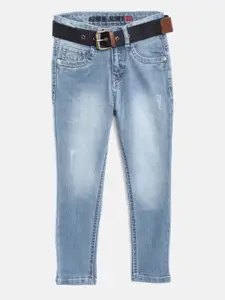 Gini and Jony Boys Blue Slim Fit Mildly Distressed Light Fade Stretchable Jeans with Belt