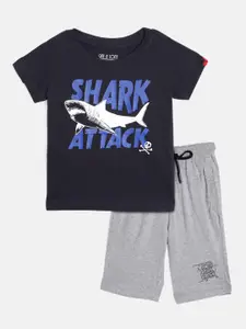 Gini and Jony Boys Navy Blue & Grey Melange Pure Cotton Printed T-shirt & Solid Shorts