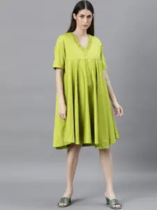 RAREISM Green Maternity A-Line Cotton Dress