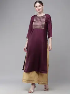 Indo Era Women Purple Yoke Design Liva Kurta