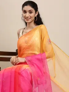 Geroo Jaipur Red & Yellow Ethnic Motifs Beads and Stones Organza Saree