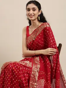 Geroo Jaipur Red & Gold-Toned Bandhani Zari Silk Blend Bandhani Saree