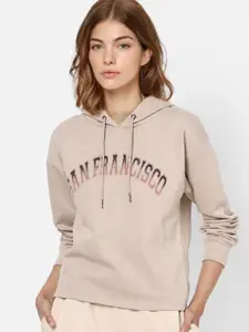 ONLY Women Beige Printed Hooded Cotton Sweatshirt