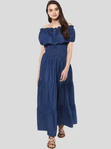 StyleStone Navy Blue Off-Shoulder Denim Cotton Maxi Dress