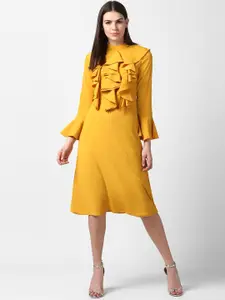 StyleStone Yellow Tie-Up Neck Crepe A-Line Front Ruffle Bell Sleeve Midi Dress