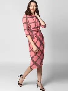 StyleStone Pink Checked Crepe Sheath Midi Dress