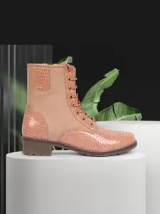 Alishtezia Pink Textured PU Party Block Heeled Boots