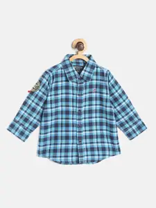 Gini and Jony Infant Boys Blue & White Checked Pure Cotton Casual Shirt