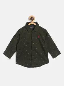 Gini and Jony Infant Boys Olive Green & White Disty Print Pure Cotton Casual Shirt