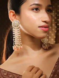 Rubans 18K Gold-Plated Multilayered Kundan & Pearl & Pink Beads Beaded Long Earrings