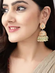 Rubans Gold-Plated & Green Dome Shaped Jhumkas Earrings