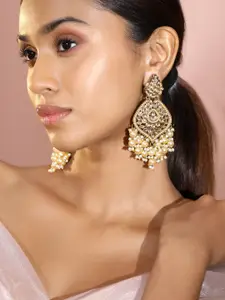 Rubans 18K Gold-Plated Kundan & Glosssy Off-White Pearl Beaded Chandelier Earrings