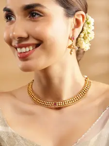 Rubans 22K Gold-Plated Ruby Pink & Kundan Studded Necklace Set with Jhumka Earrings