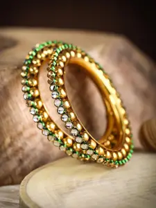 Priyaasi Set Of 2 Gold-Plated & Green Kundan-Studded Handcrafted Bangles