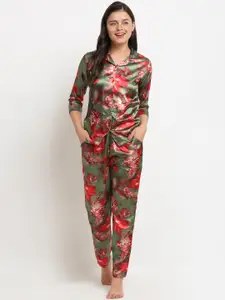 Claura Women Green & Red Printed Night suit