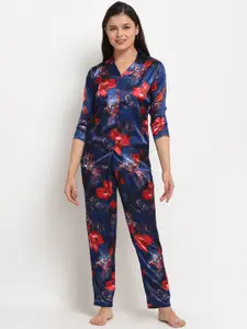 Claura Women Blue & Red Printed Satin Night suit