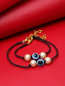 DUGRISTYLE Women Set of 2 Black & Blue Onyx Gold-Plated Wraparound Bracelet