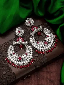 aadita Silver-Toned & Red Classic Chandbalis Earrings