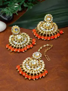 Peora Women Orange Traditional 18K Gold-Plated Earrings & Maang Tika