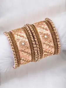 Peora Set of 10 Peach-Coloured Gold-Plated Silk Thread Handcrafted Kundan Bangles