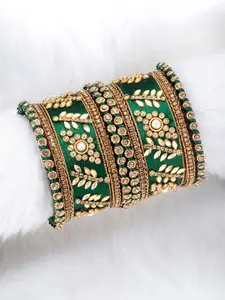 Peora Women Set of 10 Green & Gold-Toned Designer Silk Thread Matching Bangles