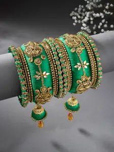 Peora Women Set of 10 Green & Gold-Toned Silk Thread & Stone Studded Chuda Bangles