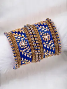 Peora Set of 10 Blue & Gold-Plated Silk Thread Kundan Studded Bangles