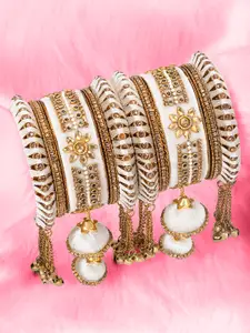 Peora Set Of 10 White & Gold-Plated Designer Silk Thread Bridal Chuda Bangles