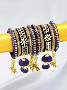 Peora Set Of 10 Navy Blue & Gold-Plated Designer Silk Thread Bridal Chuda Bangles
