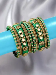 Peora Women Set of 10 Green & Gold-Toned Silk Thread & Stone Studded Chuda Bangles