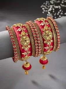 Peora Set of 10 Red Gold-Plated Designer Silk Thread Studded Bridal Chuda Bangles