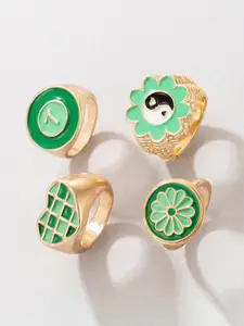 YouBella Set Of 4 Gold-Plated Green & White Enamelled Finger Rings