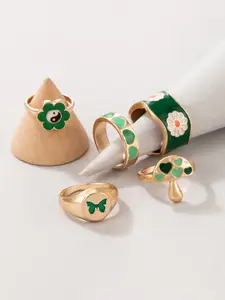 YouBella Set of 5 Gold-Plated Green Enamelled Rings