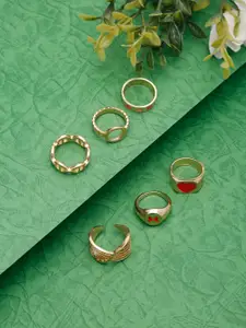 YouBella Set Of 6 Gold-Plated Red Enamelled Finger Rings