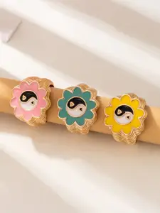 YouBella Set Of 3 Pink & Yellow-Toned & Gold-Plated Enameled Finger Rings