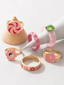 YouBella Set Of 6 Gold-Plated Pink Enameled Finger Ring