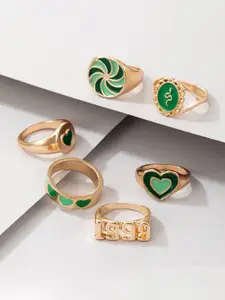 YouBella Set Of 6 Gold-Plated Green Enamelled Finger Rings