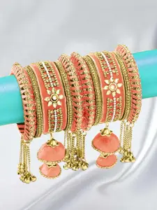 Peora Set Of 10 Peach-Coloured & Gold-Plated Kundan Silk Thread Matching Bangle Set