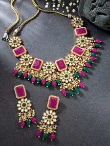 Peora Pink & Green Gold-Plated Kundan Studded Choker Necklace & Earrings