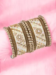 Peora Set of 10 Gold-Plated & White Silk Thread Handcrafted Kundan-Studded Bangles