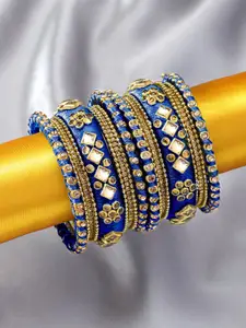Peora Set Of 10 Navy Blue & Gold-Plated Silk Thread Stone Studded Chuda Bangle Set