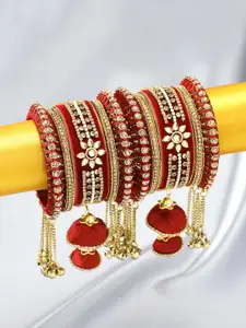 Peora Set Of 10 Gold-Toned & Maroon Designer Silk Thread Bridal Wedding Bangles