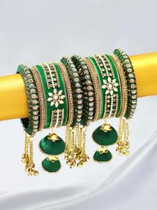 Peora Set Of 10 Gold-Toned & Green Designer Silk Thread Bridal Wedding Bangles